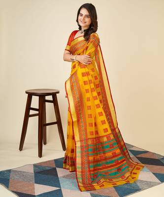 yellow chanderi printed saree with blouse 2