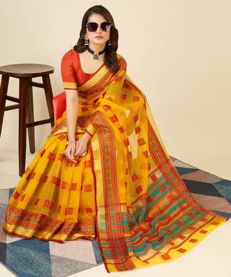 yellow chanderi printed saree with blouse 3