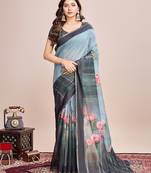 aqua blue linen printed saree with blouse