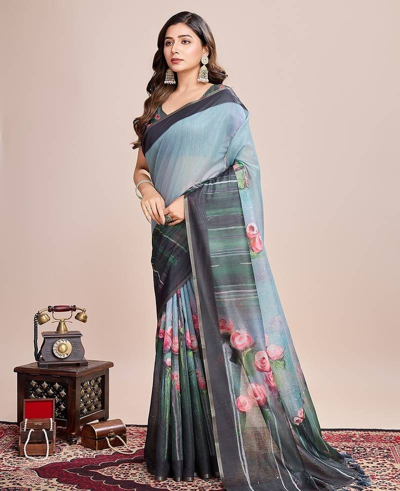 aqua blue linen printed saree with blouse