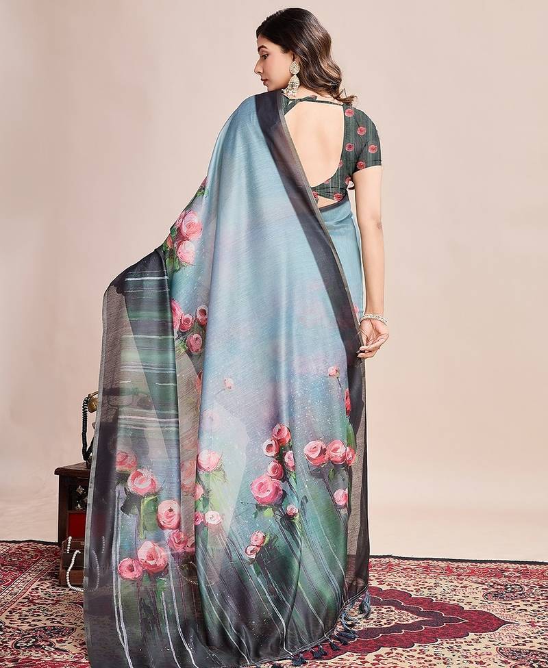 aqua blue linen printed saree with blouse