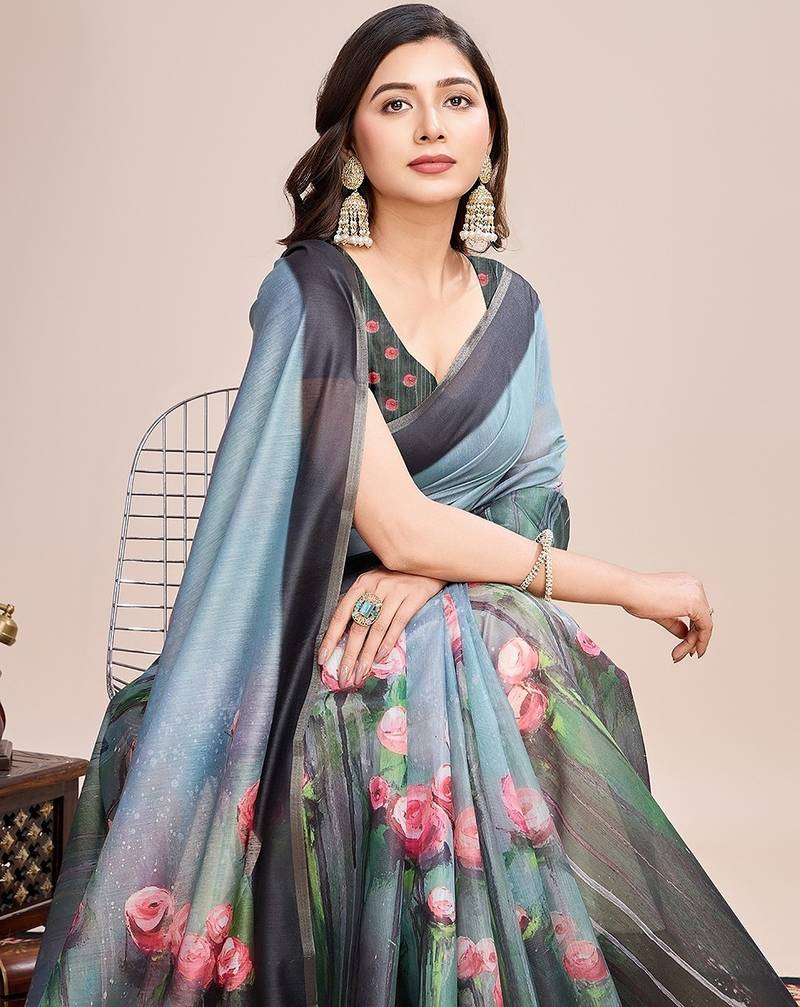 aqua blue linen printed saree with blouse