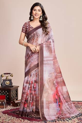 brown linen printed saree with blouse