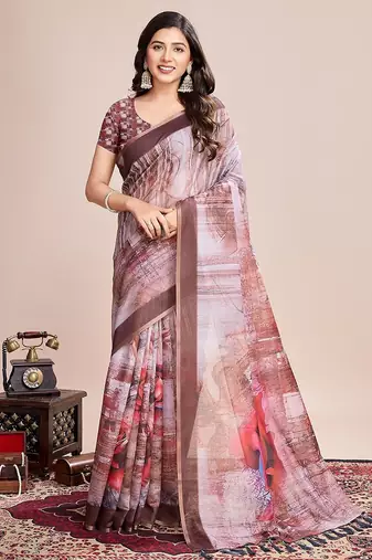 brown linen printed saree with blouse