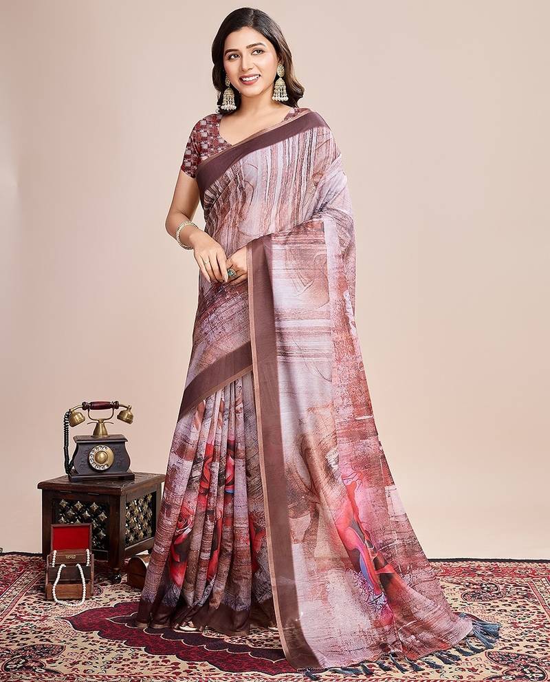 brown linen printed saree with blouse