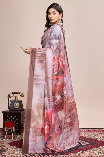 brown linen printed saree with blouse