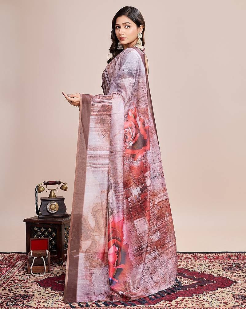 brown linen printed saree with blouse