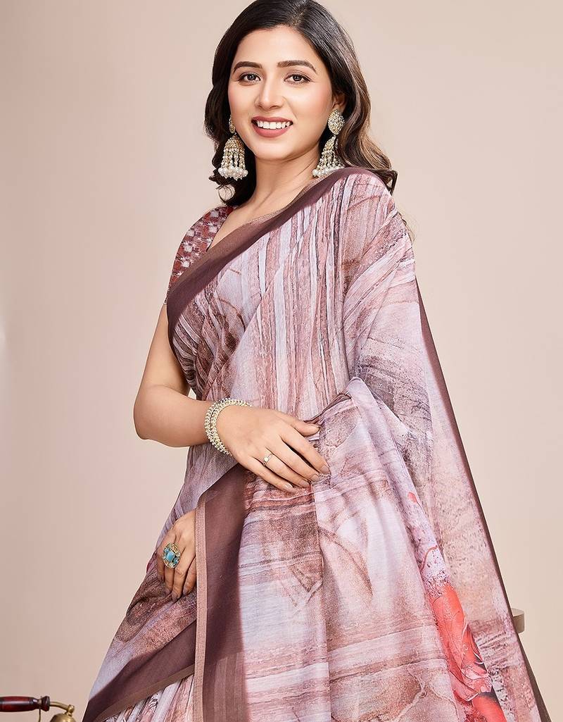 brown linen printed saree with blouse