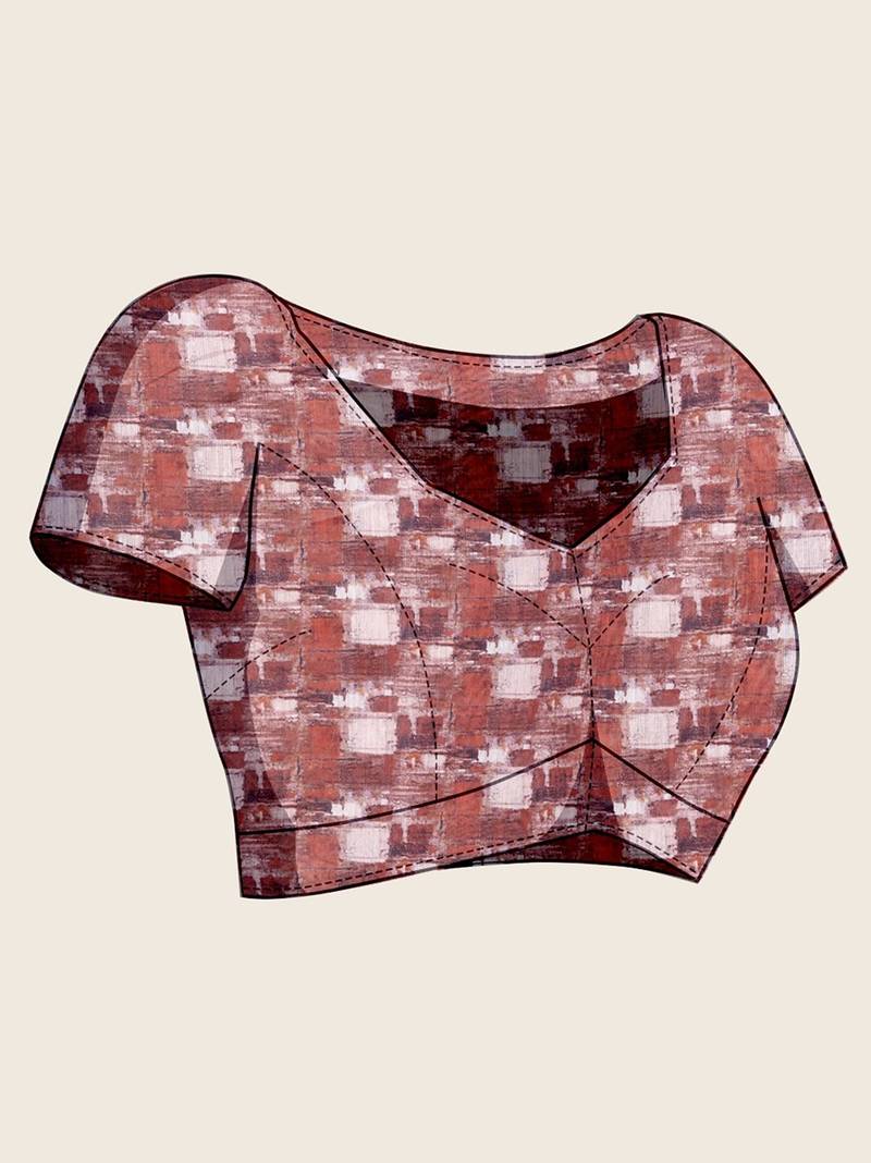 brown linen printed saree with blouse