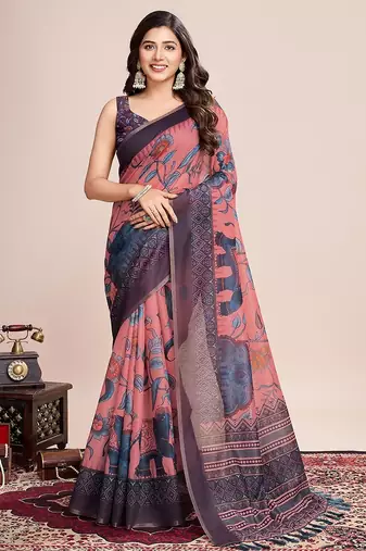 light pink linen printed saree with blouse