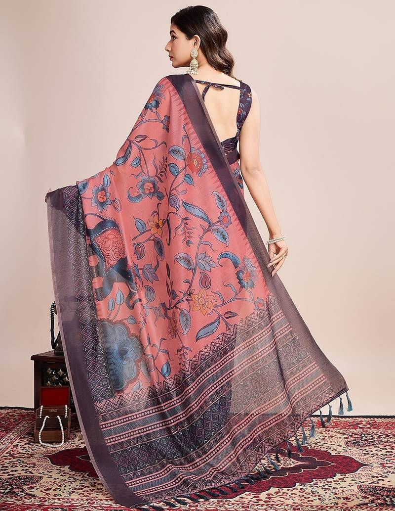 light pink linen printed saree with blouse