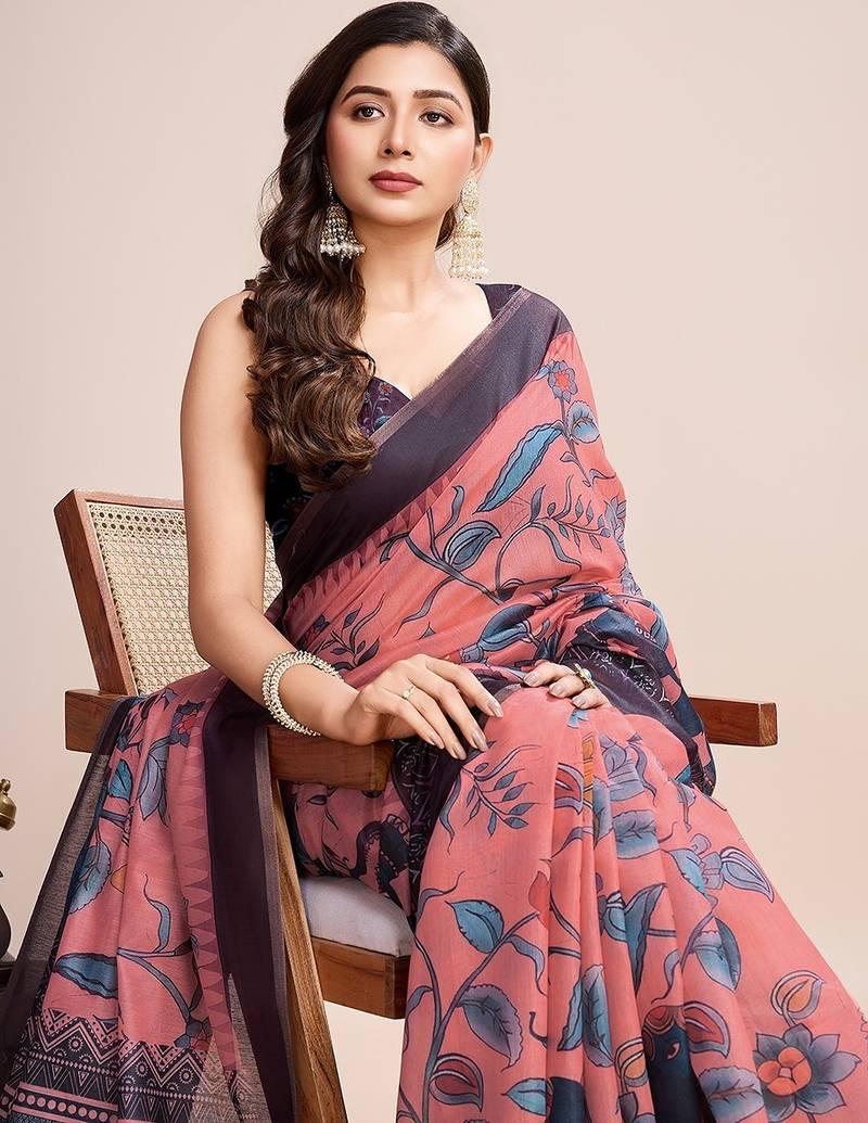 light pink linen printed saree with blouse