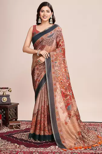 maroon linen printed saree with blouse