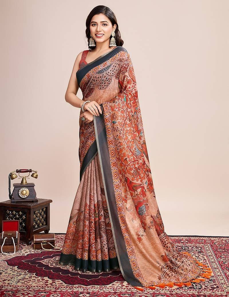 maroon linen printed saree with blouse