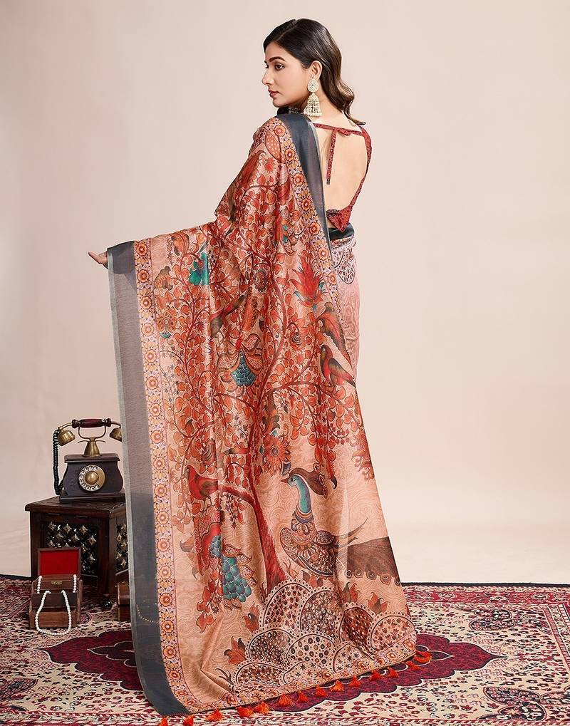 maroon linen printed saree with blouse