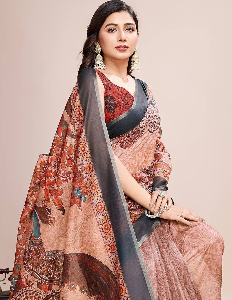 maroon linen printed saree with blouse