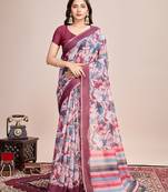 multicolor linen printed saree with blouse