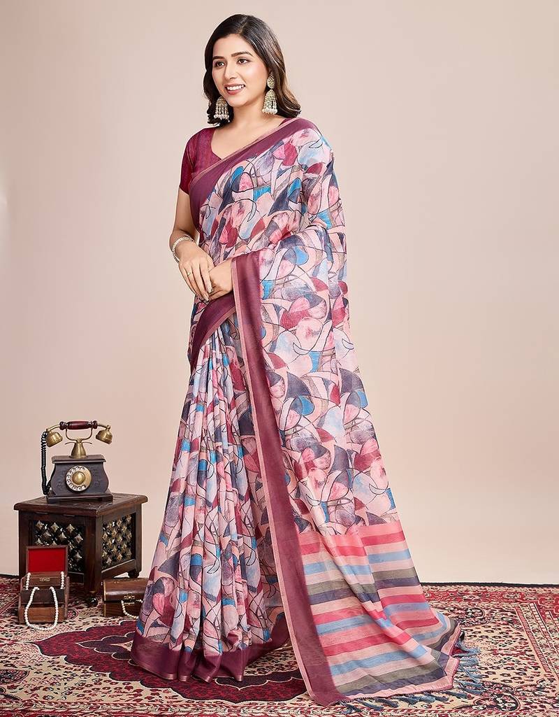 multicolor linen printed saree with blouse