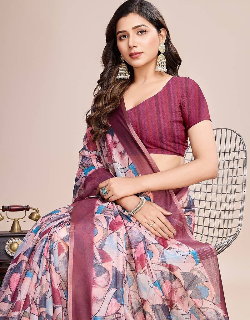 multicolor linen printed saree with blouse