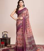 orange linen printed saree with blouse