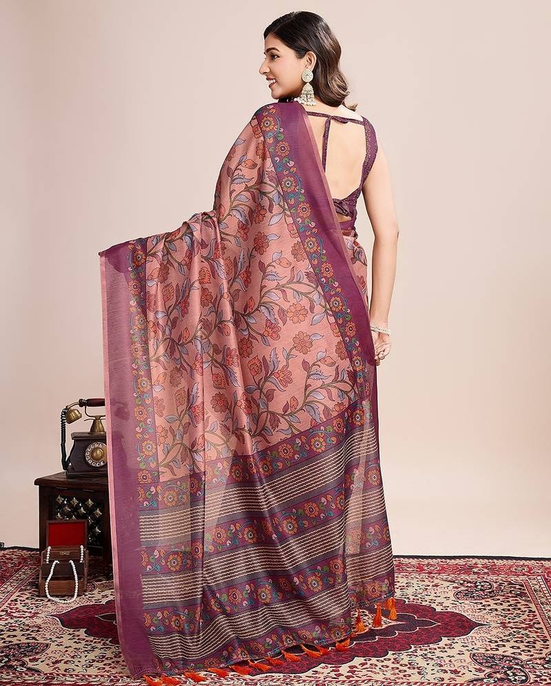 orange linen printed saree with blouse