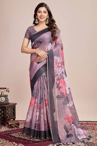 purple linen printed saree with blouse