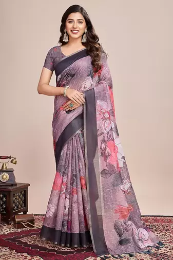 purple linen printed saree with blouse