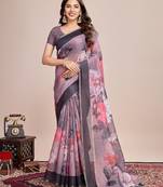 purple linen printed saree with blouse