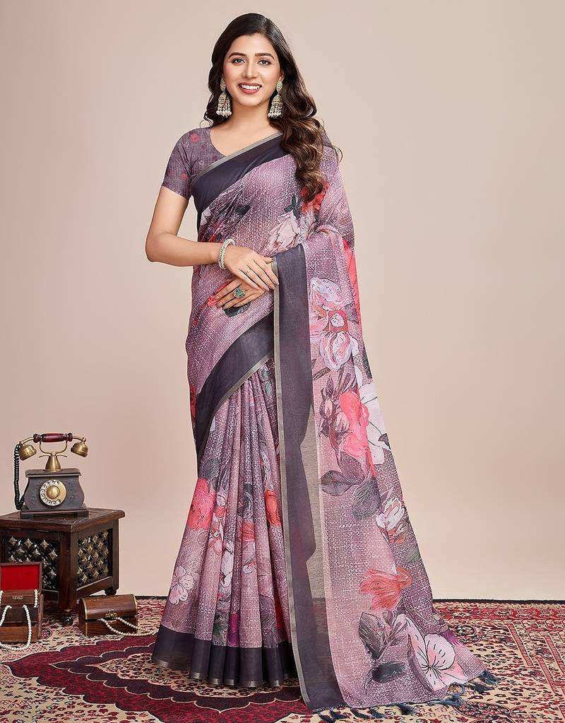 purple linen printed saree with blouse