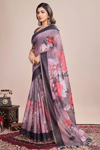 purple linen printed saree with blouse