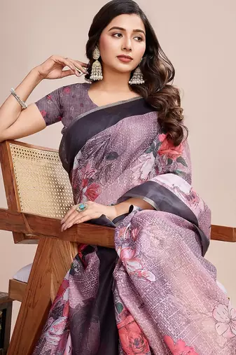purple linen printed saree with blouse