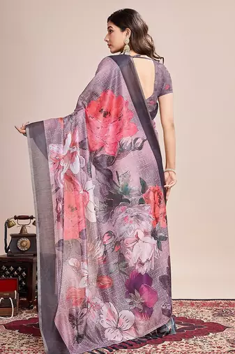 purple linen printed saree with blouse