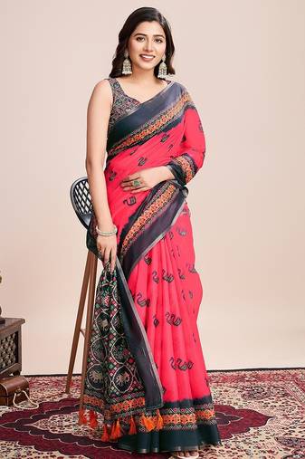 red linen printed saree with blouse