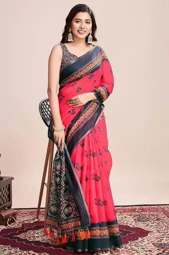 red linen printed saree with blouse