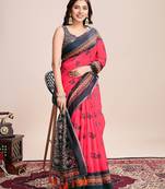 red linen printed saree with blouse