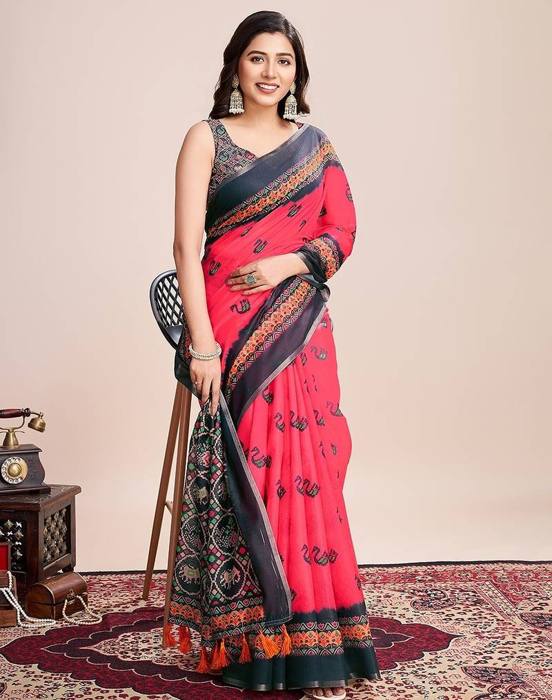 red linen printed saree with blouse