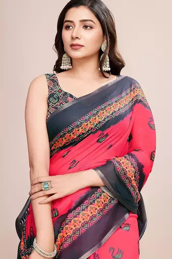 red linen printed saree with blouse