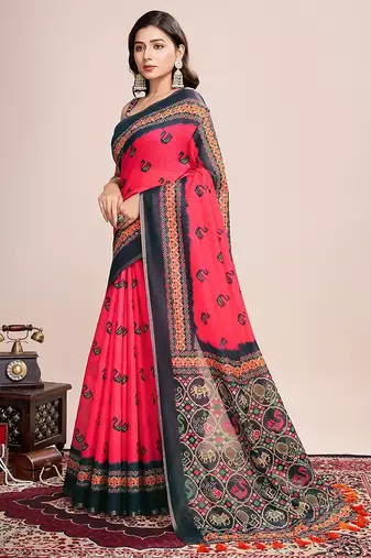 red linen printed saree with blouse