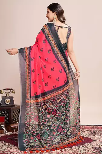 red linen printed saree with blouse