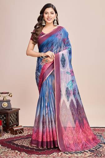 teal linen printed saree with blouse