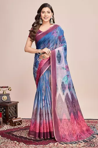 teal linen printed saree with blouse