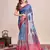 teal linen printed saree with blouse