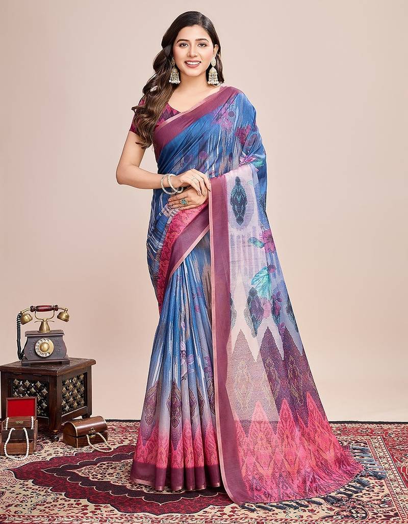 teal linen printed saree with blouse