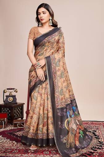 yellow linen printed saree with blouse