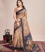 yellow linen printed saree with blouse