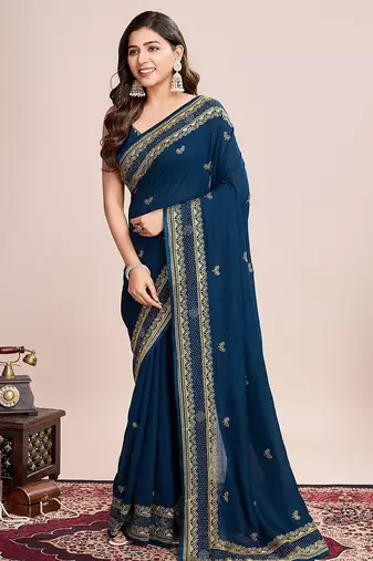 blue silk blend blend printed saree with blouse