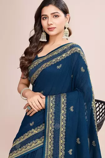 blue silk blend blend printed saree with blouse