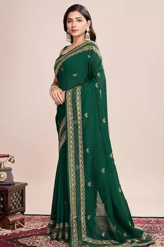 green silk blend blend printed saree with blouse