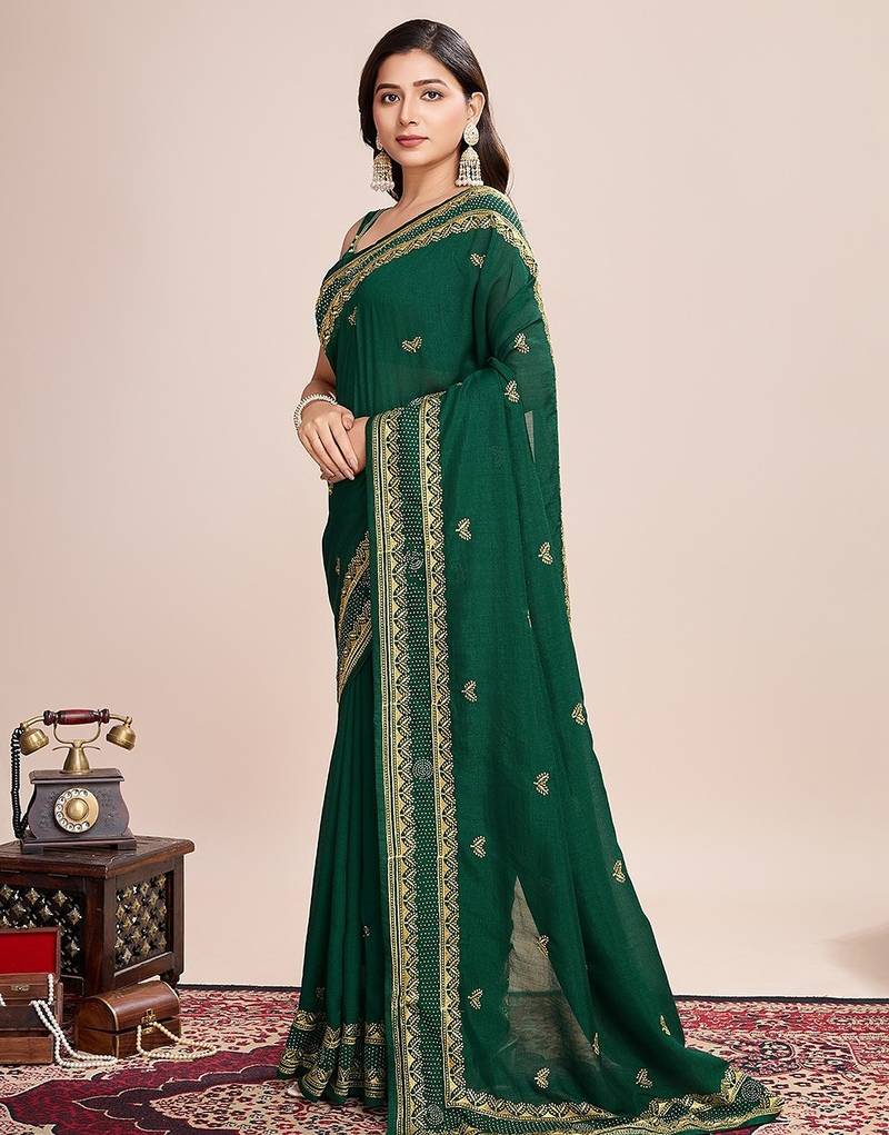 green silk blend blend printed saree with blouse