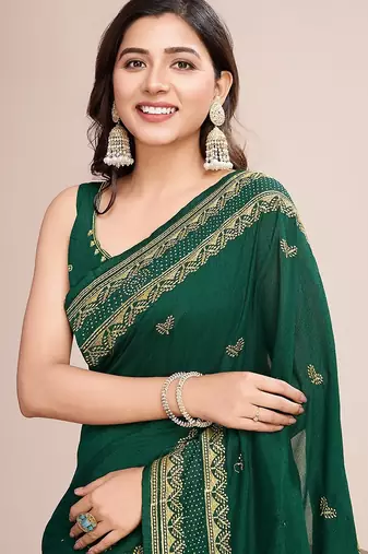 green silk blend blend printed saree with blouse
